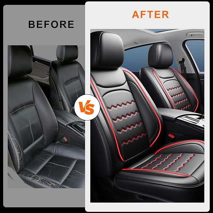 CX-90 Car Seat Covers Fit for Mazda CX-90 2007-2026, Full Coverage Premium Leather Waterproof Breathable Seat Covers, Automotive Seat Protectors, Airbag Compatible(2 Front Seats, Black & Red)
