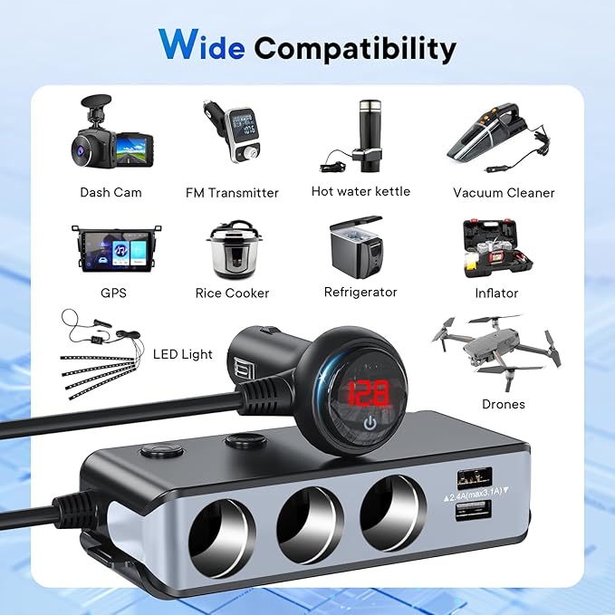 Cigarette Lighter Adapter Splitter 3 Socket with PD 65W Port 8.5A 4 Car USB Charger Multi Port 120W 24V/12V Splitter DC Outlet with Voltage Display, Car Accessories Gray
