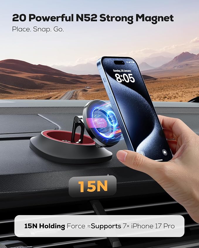 Nulaxy 2026 Upgraded Magsafe Car Mount for Dashboard, [Ultra-Stable & Strong] Car Phone Holder, [Foldable Three-axis] Magnetic Phone Holders for Your Car Compatible with iPhone 17 Pro Max, Red