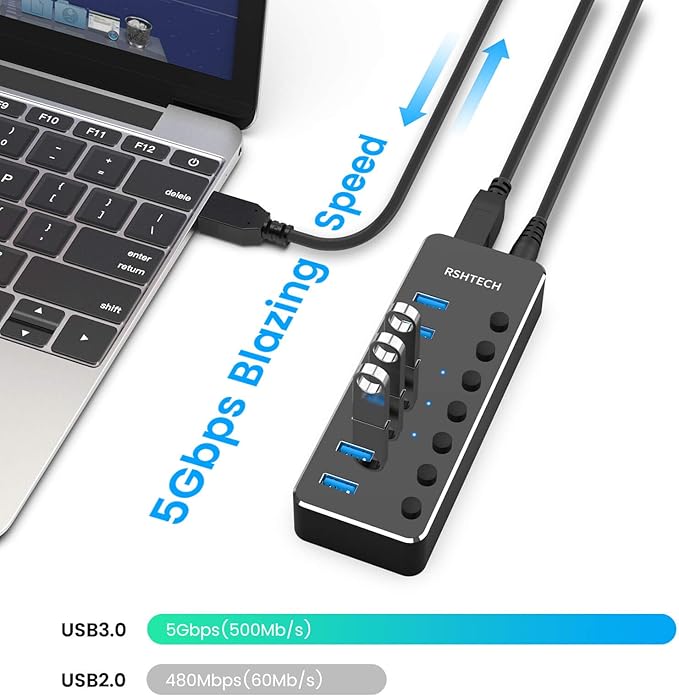 Powered USB Hub RSHTECH Type C to 7 Port USB 3.0 Data Port Hub Expander Aluminum Portable Splitter with Universal 5V AC Adapter and Individual On/Off Switches for Laptop and PC(Black)