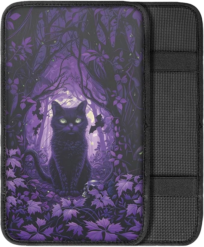 Dreaweet Halloween Center Console Cover Black Cat Arm Rest Cover for Car Truck SUV Universal Middle Console Cover Anti-Scratch Car Armrest Storage Box Mat