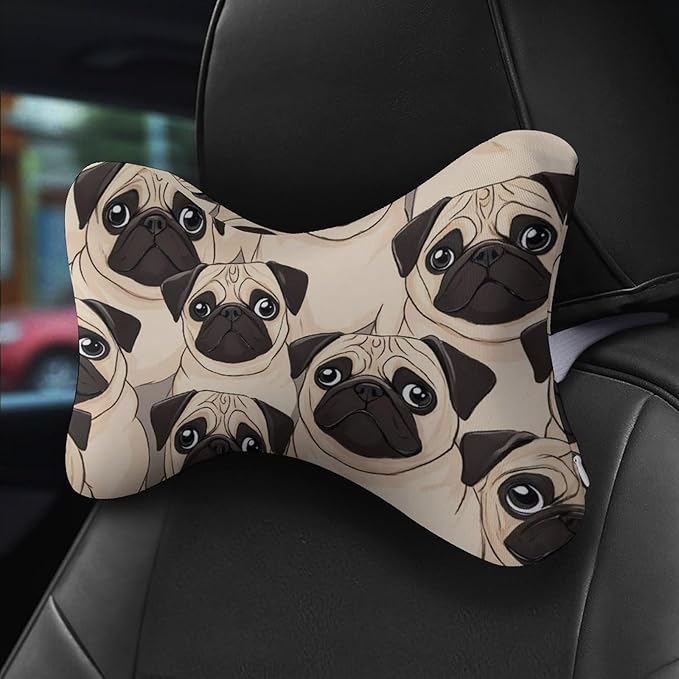 Car Headrest Pillow Compatible with Puppy Pug Dogs Print, Cartoon Neck Pillow for Car, 2 Pcs Comfortable Soft Car Seat Pillow for Driving,Head Rest Cushion, Cute Neck Pillow for Travel