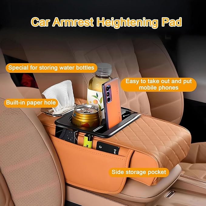 Car Armrest Cushion for Toyota Crown Majesta VI 2009-2015 2016 2017 2018, Car Center Console Cover Armrest Pad with Cup Holder and Tissue Box, Car Accessories,Red