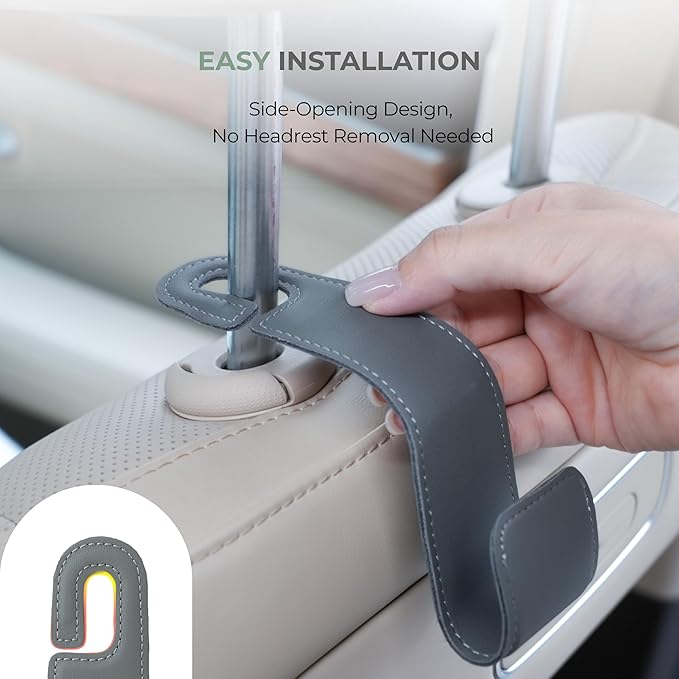 Purse Holder for Car, 2 Pack Upgraded Car Seat Hooks for Hanging Purse and Bag, Leather Headrest Hooks for Car Back Seat, Car Organization Accessories (Gray)