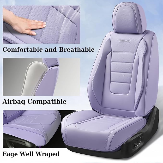 Coverado Car Seat Covers Front, Seat Covers for Cars, Waterproof 2-Pack Car Seat Cushions, Leather Carseat Seat Protectors, Universal Seat Covers Fit for Most Sedans SUV Pick-up Trucks(Purple)