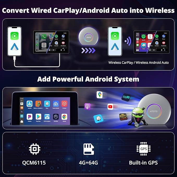 ATOTOZONE CB6 Wired CarPlay to Wireless CarPlay/Android Auto Adapter with Bluetooth, Wireless CarPlay AI Box, AI Voice Dongle with GPS Tracking, 4GB+64GB, Silver