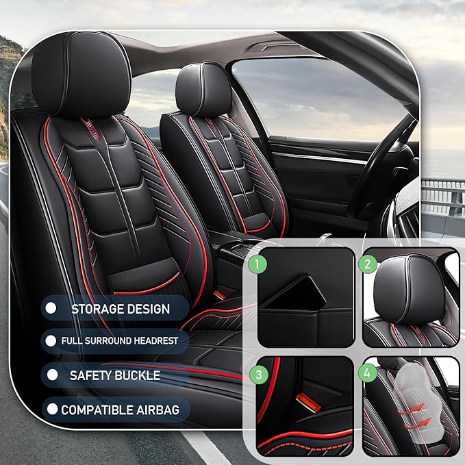 Leather Car Seat Covers Fit for Toyota Avalon Hybrid 2013-2024, 5 Seater Car Seat Cover, Premium Waterproof, Scratch Resistant Car Interior Accessories (Full Set Black Red)
