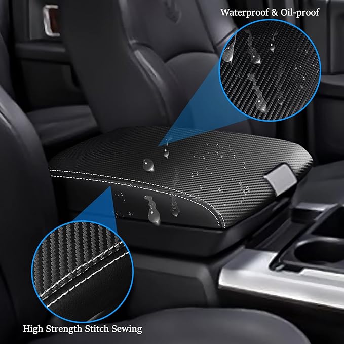 for RAM 2009-2018 Center Console Cover Anti-Scratch Waterproof Leather Armrest Pad Protector Cushion for Dodge RAM 1500 2500 3500 4500 5500 2009-2018 Interior Accessories(Carbon Fiber)