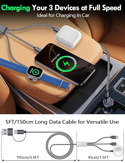 2Pack Multi Charging Cable Cord for Travel Essentials,Apple Watch Charger,iPhone Charger,[3-in-2] Type C/Lightning Cable Portable Designed for iWatch,iPhone 17-8,Galaxy S25-21,AirPods,iPad-1.5M Black