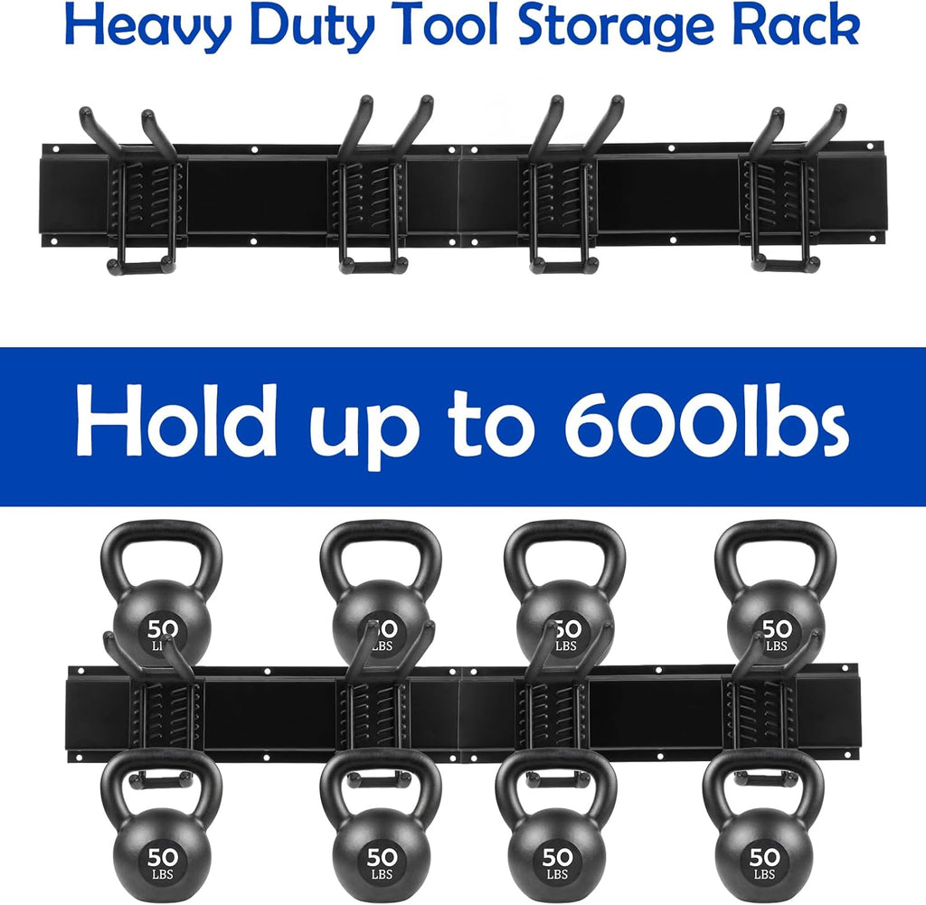 Garage Storage Rack Hooks, 32 Inch Heavy Duty Wall Mount Garage Organization with 2 Rails and 4 Adjustable Double Wall Hooks,Hanging Shelves for Garden Tool/Broom/Mop(Black)