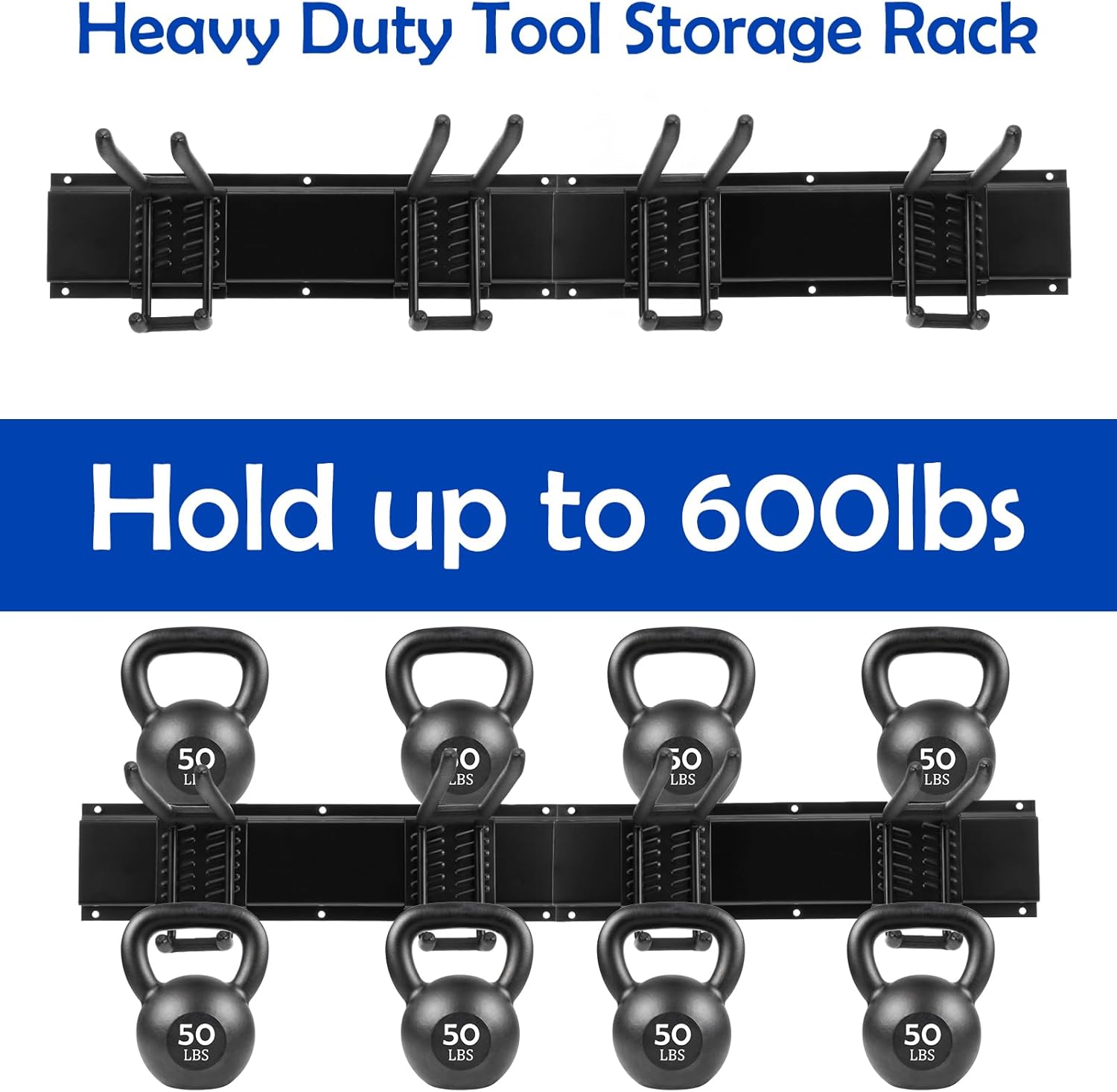 Garage Storage Rack Hooks, 32 Inch Heavy Duty Wall Mount Garage Organization with 2 Rails and 4 Adjustable Double Wall Hooks,Hanging Shelves for Garden Tool/Broom/Mop(Black)