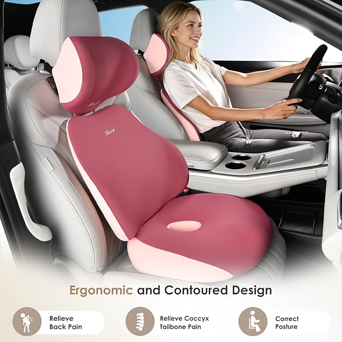 FLORICH Car Seat Cushion & Lumbar Support Pillow & Car Neck Pillow, Ergonomic Memory Foam Driving Seat Cushions for Back & Sciatica Pain Relief, Non-Slip Cushion for Car, Office Chair,Wheelchair-Pink