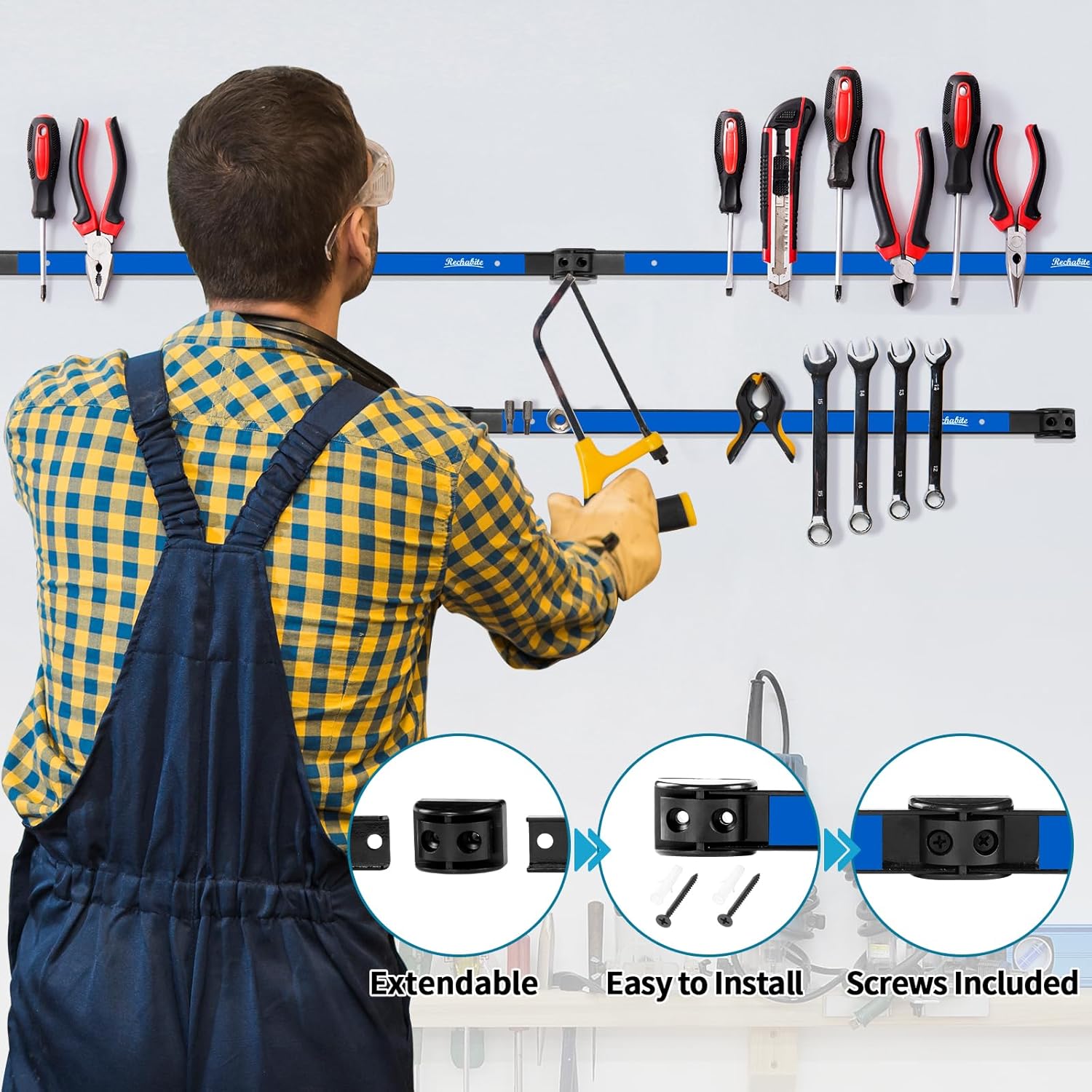 6 Pieces 18" Magnetic Tool Holder Strip, Blue Magnet Bar, Metal Tool Organizer Rack for Garage Organization, Easy To Install in Workshop, Mounting Screws Included