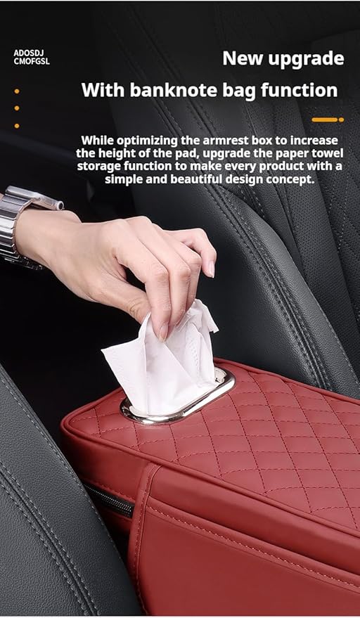 Center Console Cover Arm Rest Cover Leather Car Armrest Box Pad with Pocket Tissue Box Hole Auto Armrest Cover Cushion for Car Vehicle (Black-Red)