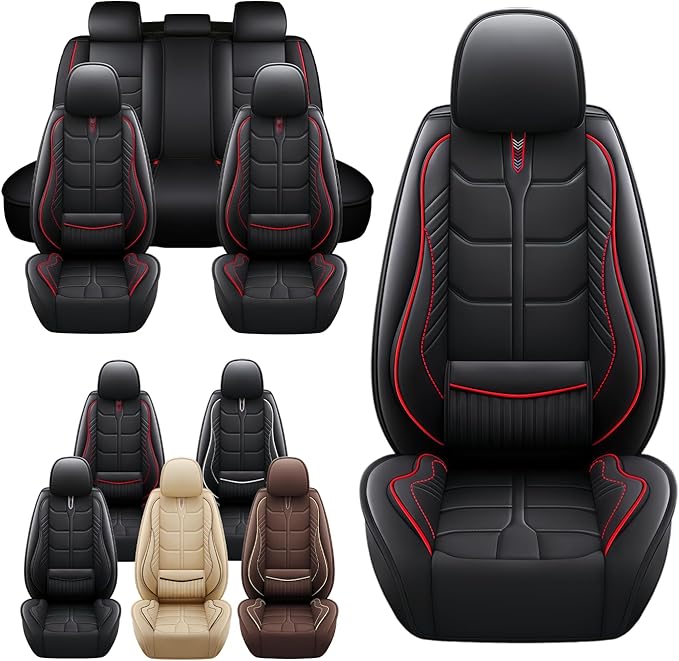 Leather Car Seat Covers Fit for Toyota Avalon Hybrid 2013-2024, 5 Seater Car Seat Cover, Premium Waterproof, Scratch Resistant Car Interior Accessories (Full Set Black Red)