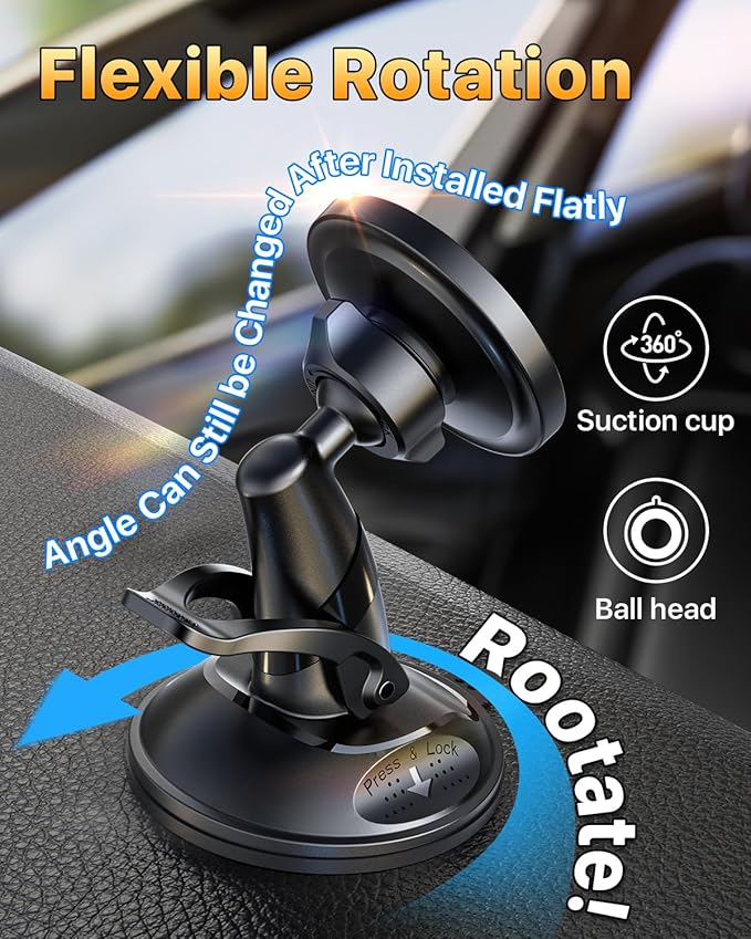 YRU [True Upgraded Military-Grade Phone Holder for Magsafe Car Mount 360° Rotating Vacuum Suction Dashboard, 2800gf Strongest Magnetic Windshield Phone Mount for iPhone 17 Pro Max 16 15 14,Black