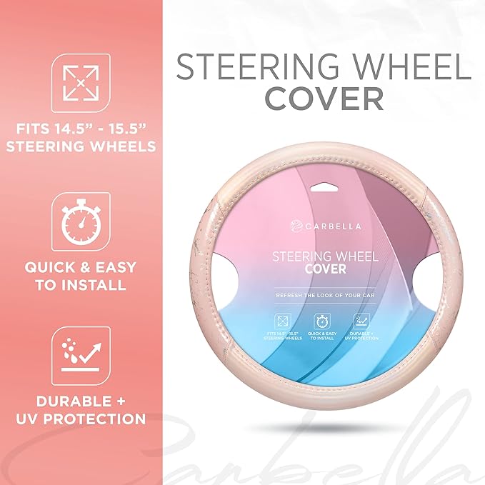 Carbella Pink Holo Bling Steering Wheel Cover, Standard 15 Inch Size Fits Most Vehicles, Cute Shiny Crackle Car Steering Cover with Holographic Foil Glitter Like Detail, Car Accessories for Women