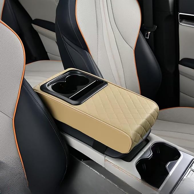 Center Console Booster Cover Car Armrest Box Pad Leather Arm Rest Cushion with Cup Holder Mobile Phone Storage Armrest Protection Pad for Car (Grid Beige, 13.58 * 8.07 * 2.95 inch)