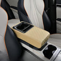 Center Console Booster Cover Car Armrest Box Pad Leather Arm Rest Cushion with Cup Holder Mobile Phone Storage Armrest Protection Pad for Car (Grid Beige, 13.58 * 8.07 * 2.95 inch)