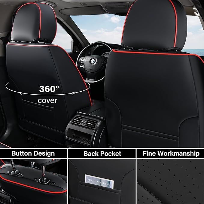 Coverado Car Seat Covers Full Set, Nappa Leather Seat Covers for Car, Waterproof Car Seat Protector with Lumbar Support, Automotive Seat Covers Universal Fit for Most Cars SUV Trucks (Black-Red line)