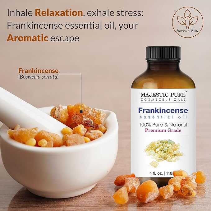 Majestic Pure Essential Oil with Glass Dropper - 100% Pure and Natural - Essential Oils for Diffuser, Aromatherapy, Soap and Candle Making, Frankincense Essential Oil, Frankincense Oil, 4 Fl Oz