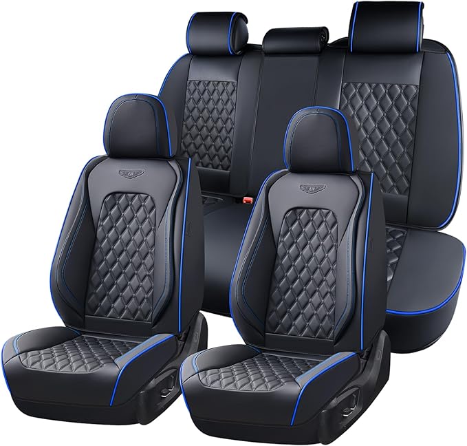 Coverado Full Set Car Seat Covers, Front & Back Luxury Faux Leather Waterproof Seat Covers,Car Seat Protectors, Universal Fit for Most Vehicles-Black & Blue
