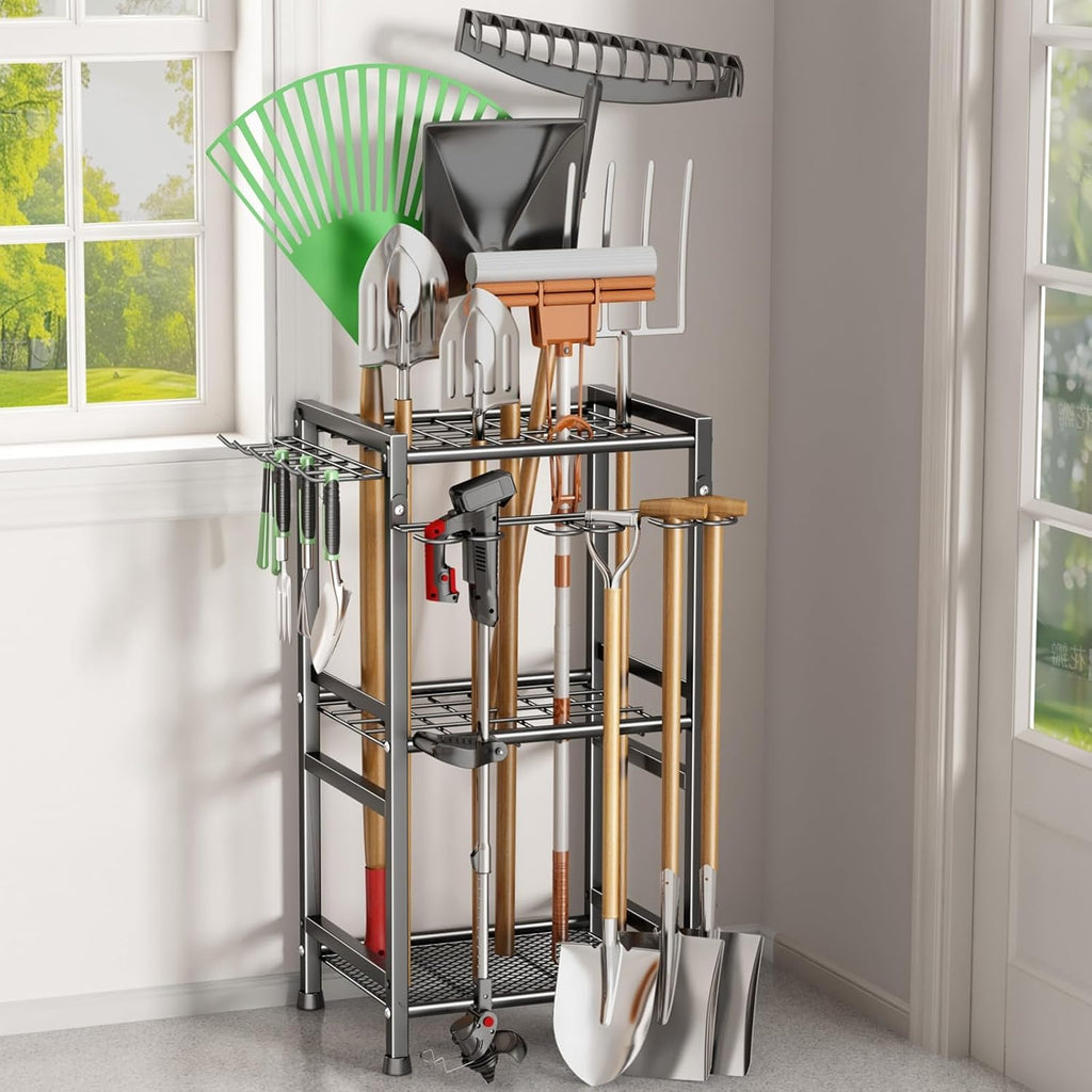 Garden Tool Organizer Storage Metal Yard Tool Organizer Heavy Duty Garden Tool Rack Stand with Extra Hooks, Up To 35 Long Handled Shovels/Rakes/Brooms Holder for Garage,Shed,Outdoor(Black)
