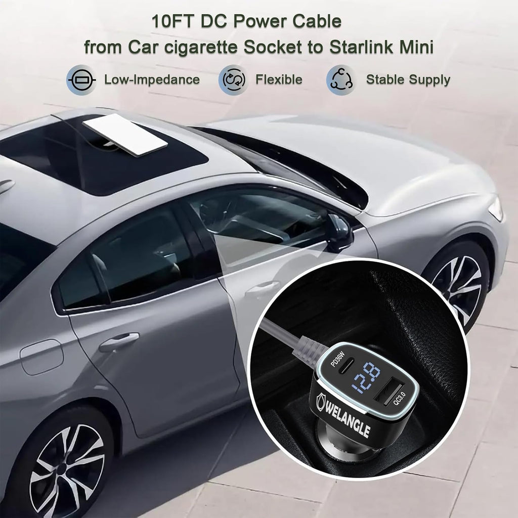 3 in 1 Car Power Cable for Starlink Mini Cigarette Lighter Adapter, Car Charger for Mini Starlink DC Power Cable with Digital Display, Durable & High Speed Charging USB A/USB C Port (3M/10FT)