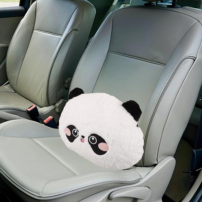 PRETYZOOM Cartoon Panda Lumbar Support Pillow with Rabbit Hair Embroidery, Soft Plush Car Seat Cushion for Lower Back, Shoulder Relaxer for Driving and Office Use