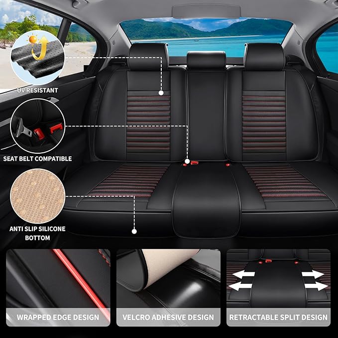 Truck Seat Covers Full Set Fit for Toyota Tacoma 2001-2026, Premium Faux Leather Car Seat Protector,Breathable Anti-Slip Full Wrapping Edge Seat Covers(Black&Red,Full Set)