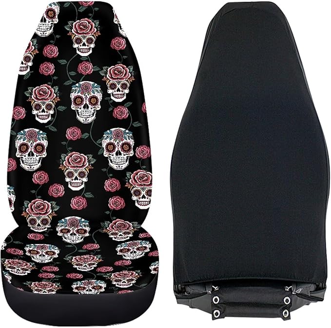 Goth Skull Rose Seat Covers for Car, Universal Stretchy Cars Front Seat Protectors Cover, Men Women Car Accessories Decoration Saddle Blanket for Bucket Seat, Set of 2