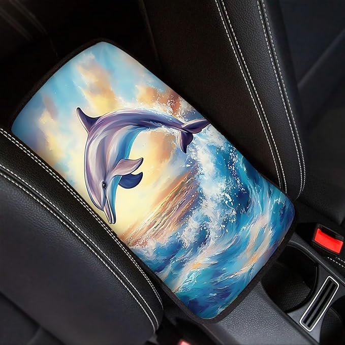 Suobstales Dolphin Sea Wave Sunset Print Car Armrest Pad Soft Center Console Arm Rest Protector Cover Universal Car Interior Accessories Decoration