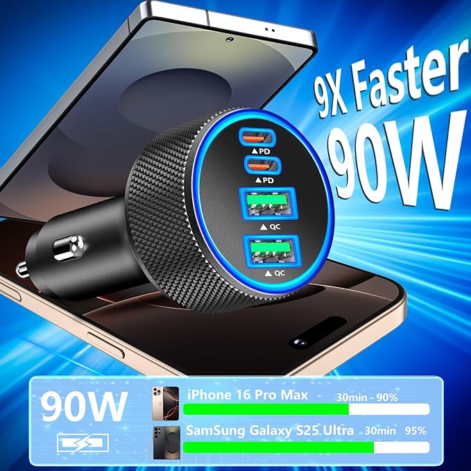 Car Charger USB C, Stuffcool 90W PD Dual USB-C & USB-A Car Power Adapter 4 in 1 PD/QC Type C Fast Charge Cigarette Lighter Adapter USB Charger for iPhone 17 17 Pro 16 15 14 13 12/Galaxy S26 S25/Pixel