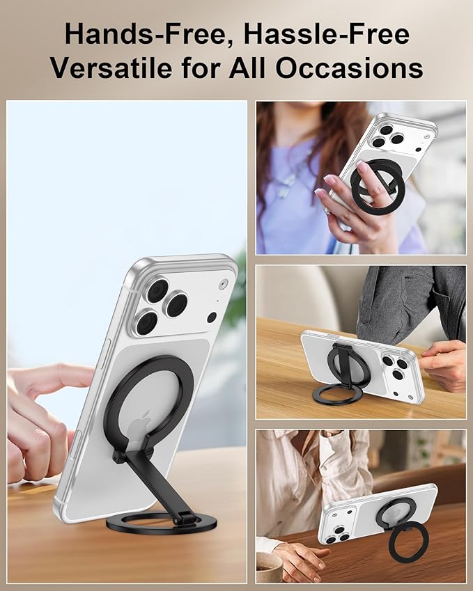 Magnetic Phone Grip for Magsafe, Foldable 360°Rotation Kickstand Mag Safe iPhone Stand, Dual-Sided Magnet Finger Loop Cellphone Ring-Style Holder for Apple 17/16/15/14/13/12 Series&MagSafe Car Mount