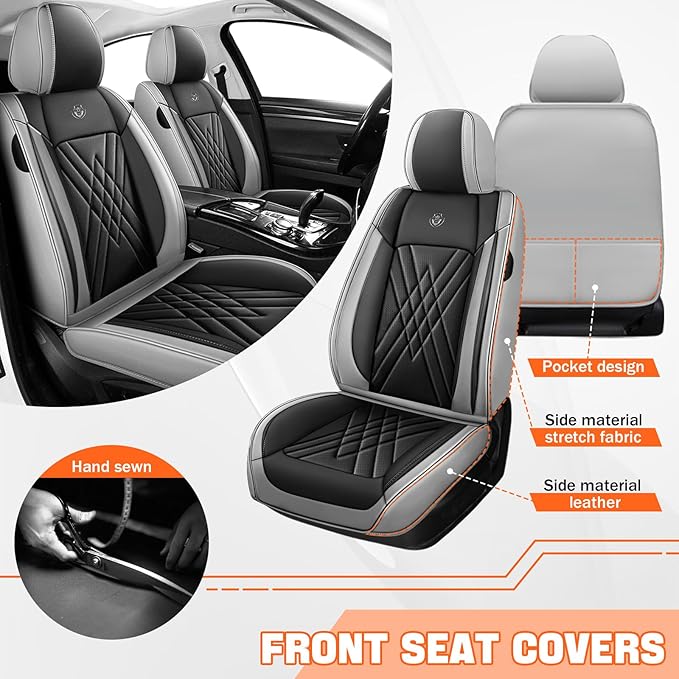 Car Seat Covers Compatible with Toyota Camry 2012-2026 Durable Waterproof Automotive Seat Covers Stretchable Fabric Material, Airbag Compatibility, Premium Nappa Leather(Black Gray, 2 Pcs Front)