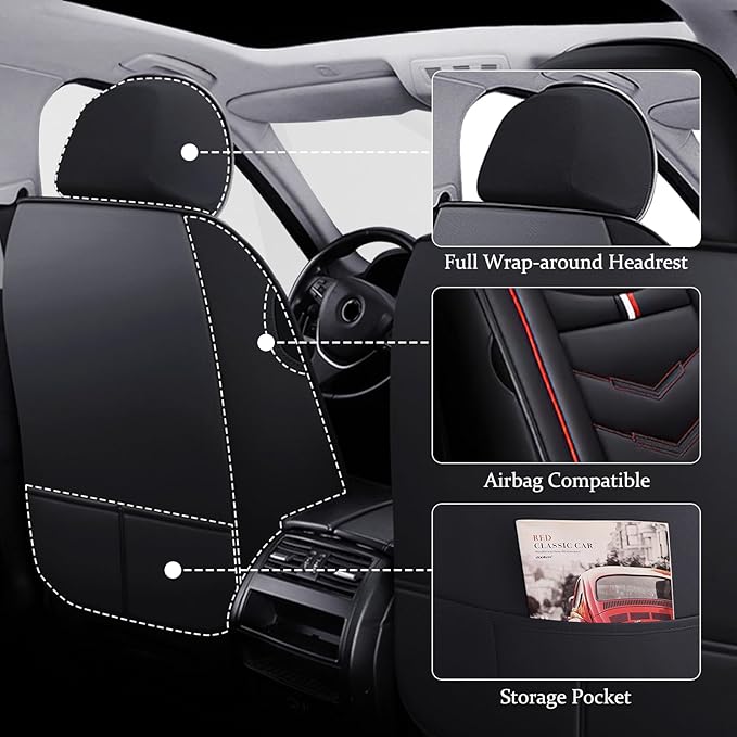 Car Seat Cover for Ford Explorer 2000-2025, Waterproof Durable Compatible Airbag, Premium Leather Seat Protector(5 Seats Luxury,Black Red)