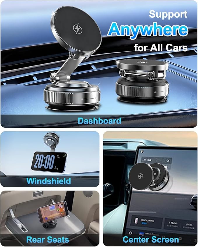 Vacuum Magnetic Phone Holder‌ - 360° Adjustable ‌Magsafe Car Mount‌, Foldable ‌Car Phone Holder‌ with Suction Cup Mount‌