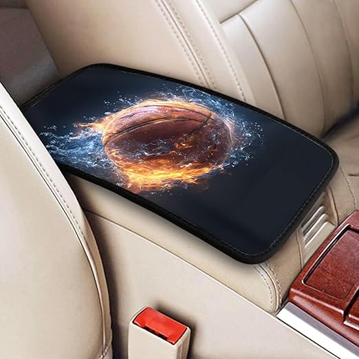 Basketball with Fire and Water Car Auto Armrest Cushion Cover Accessories Center Console Seat Box Pad Protector Universal Decoration for Most Vehicle SUV Truck