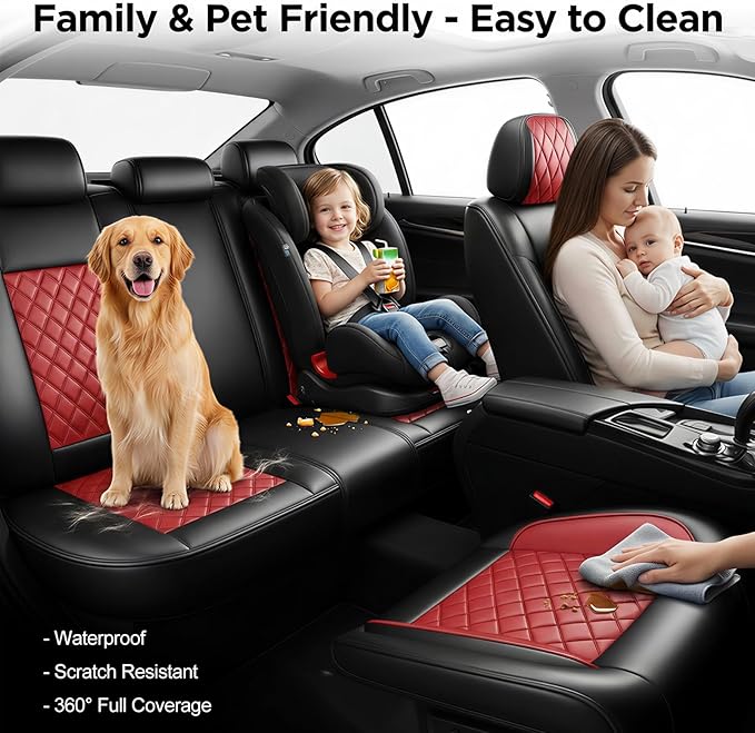 Fit Elantra Car Seat Covers for Hyundai Elantra 2017-2025 2026 - Premium Leather, Waterproof, All-Weather, Airbag Compatible, Anti-Slip, Breathable, Seat Protectors, Full Set, Red