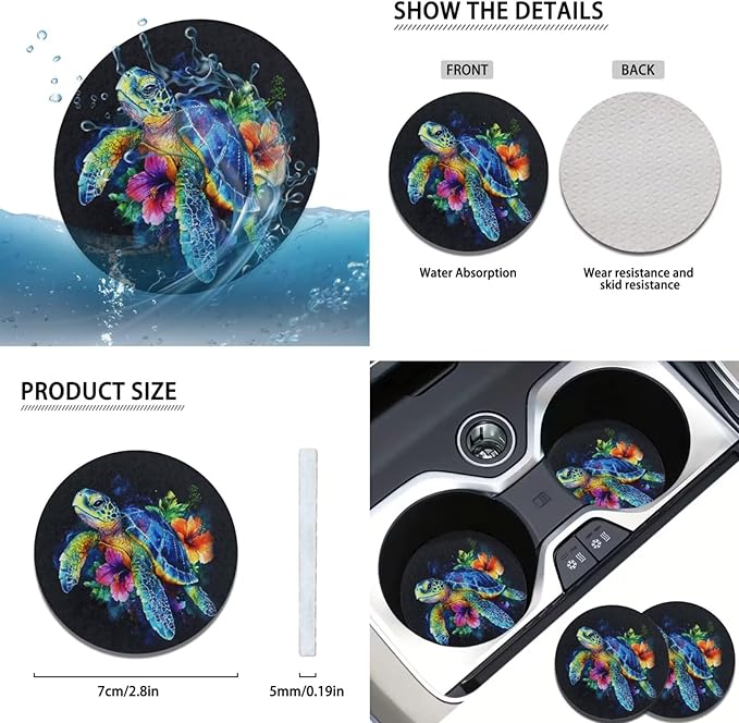 Sea Turtle Print Car Steering Wheel Cover Set for Men Women Colorful Turtle Cars Interior Decor Handbrake Cover Cup Coaster Fit for SUV Truck Vans