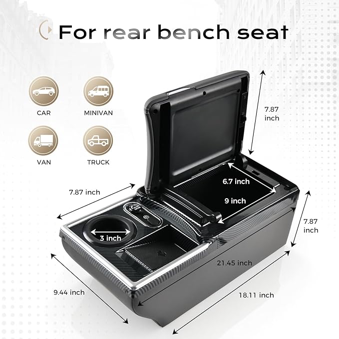 Coverado Center Console, Universal Bench Seat Center Console with Wireless Charging & Cup Holder & 7 Light Modes, Truck Back Seat Car Organizer, Rear Central Car Armrest Box with Storage, Gray