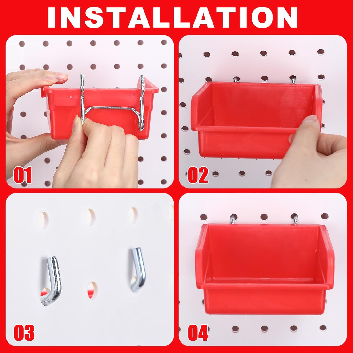 Yookeer 20 Pcs Pegboard Bins and Cups with Hooks and Loops Peg Assortment Organizer Accessories Various Tool Organizer Pegboard Baskets Set for Garage Workshop Workbench Office(Red)