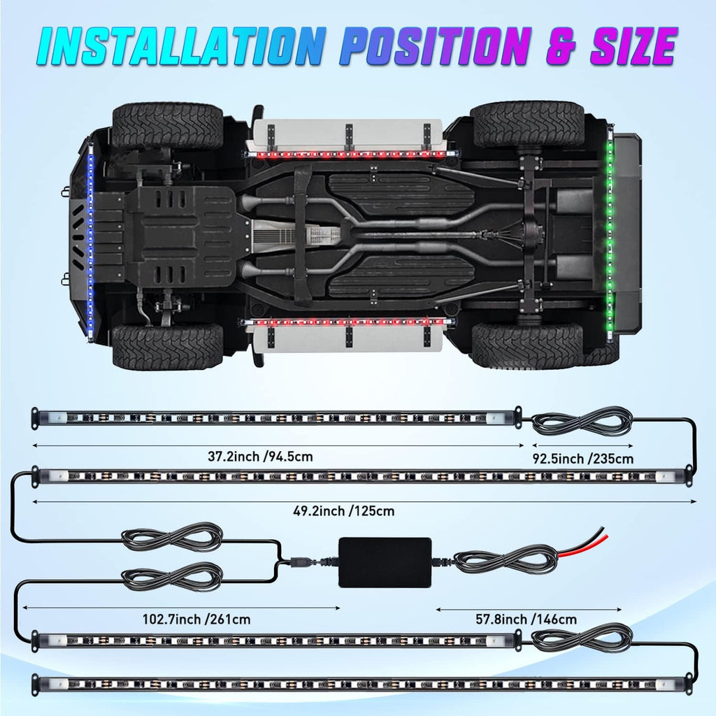 Nilight 4Pcs Car Underglow Neon Accent Strip Lights 256 LEDs RGB Multi Color DIY Sound Active Function Music Mode with APP Control and Remote Underbody Light Strips
