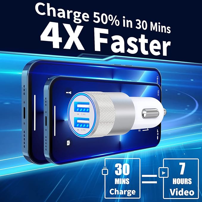 【MFi Certified】iPhone Car Charger Fast Charging, Rombica 4.8A Dual USB Smart Power Cigarette Lighter USB Car Charger with 2Pack Lightning Cable for iPhone 14 13 12 11 Pro XS Max XR SE X 8 iPad AirPods