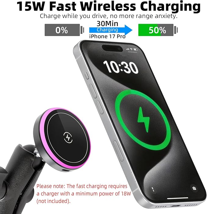 15W Magnetic Wireless Charging Phone Holder with 3.54" Medium Arm for MagSafe, 1" Ball Mount Adapter for RAM Mounts, Compatible with iPhone 17/16/15/14/13/12 Series