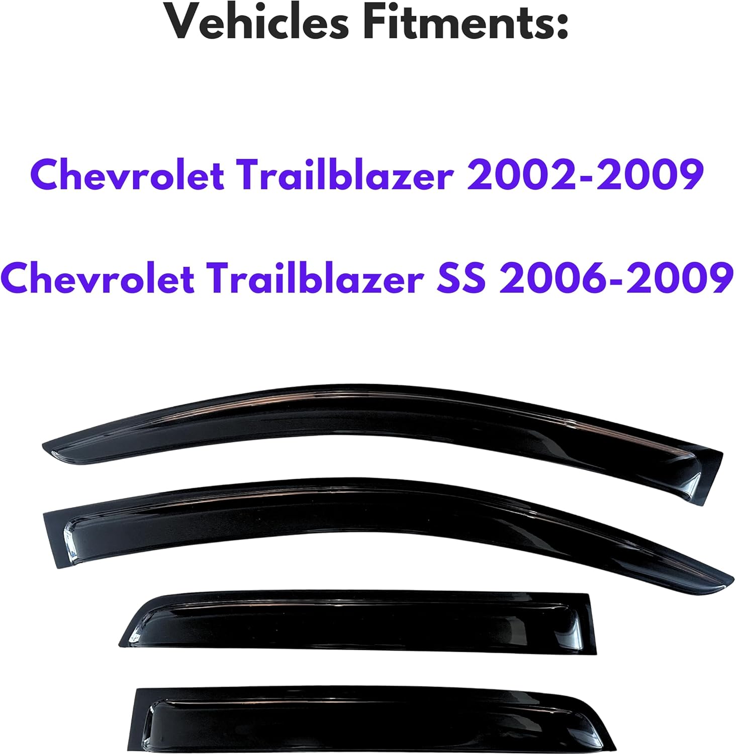 KPY Window Visor Compatible with Chevrolet Chevy Trailblazer 2002-2009 & Trailblazer SS 2006-2009, 4PC Rain Guard Side Window Vent Deflectors Tape-On Style, 2002 2003 2004 2005 2006 2007 2008 2009