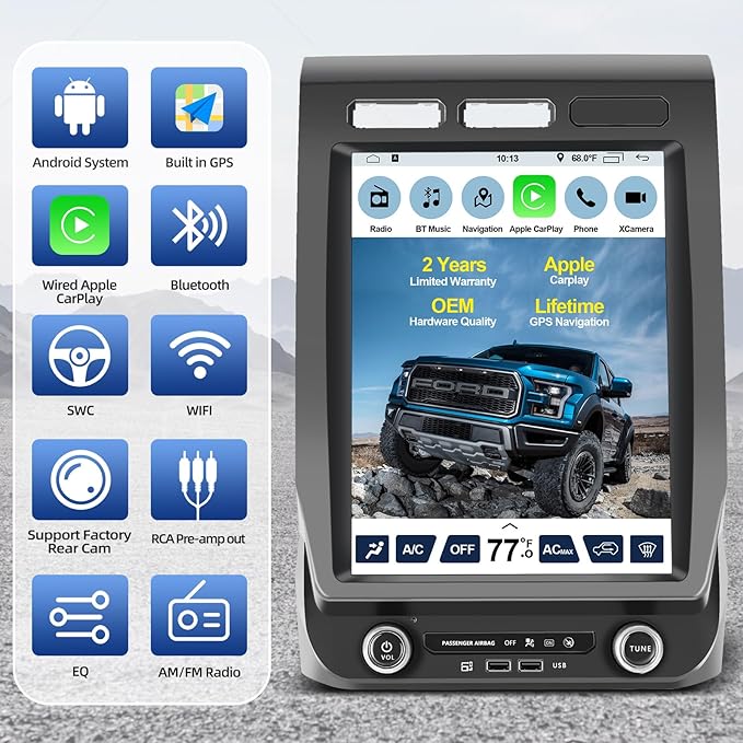 Car Stereo Upgrade for Ford F150 2015 2016 2017 2018 2019 2020 Android Radio,12.1inch Touch Screen Replacement,Built in GPS,Suppt Wireless Carplay Android Auto (V2 with B&O +Wireless Adapter)