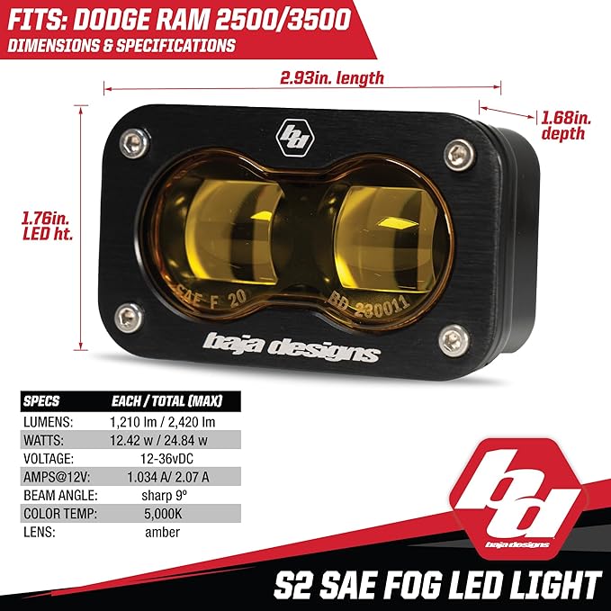 Baja Designs S2 LED SAE Fog Pocket Light Kit for Dodge Ram 2500/3500 2019+ Truck - Amber Lens