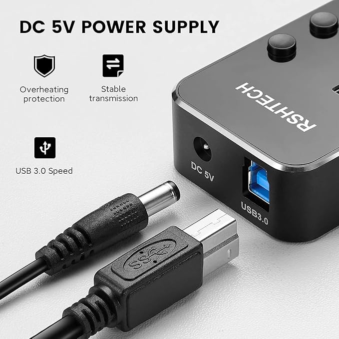 Powered USB Hub RSHTECH Type C to 7 Port USB 3.0 Data Port Hub Expander Aluminum Portable Splitter with Universal 5V AC Adapter and Individual On/Off Switches for Laptop and PC(Black)