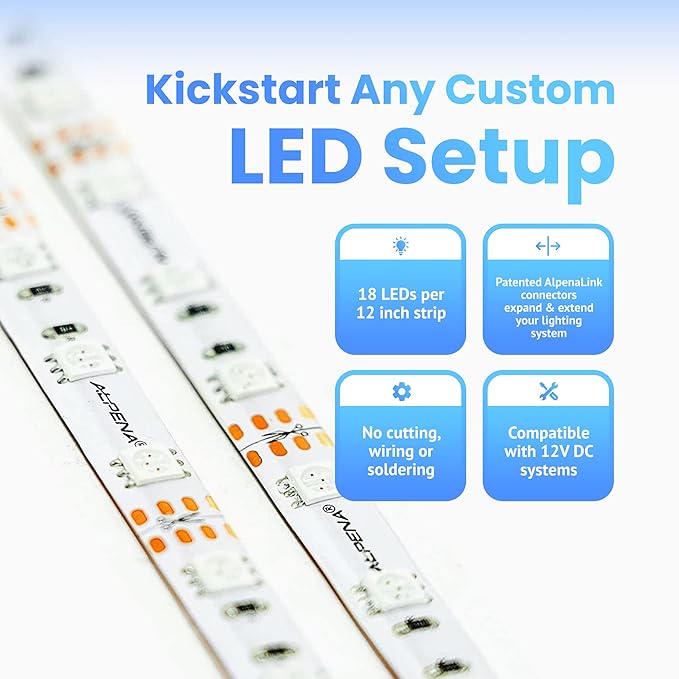 Alpena MAX LED Light Strip Starter Kit – EZ-Link Modular 12V Plug-and-Play Lighting for Cars & Trucks, Interior/Exterior Stick-On Light Bars, 2×12” Weatherproof Strips, White